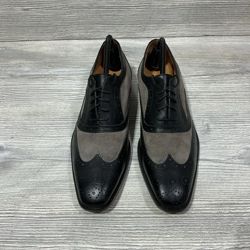 PAUL FREDERICK Italian Mens Black Gray Leather Oxford Shoes Size 8.5 M Italy